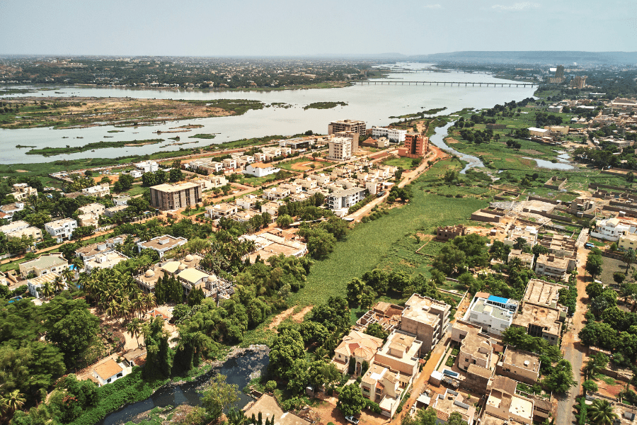 aerial drone view of Bamako, capital of Mali