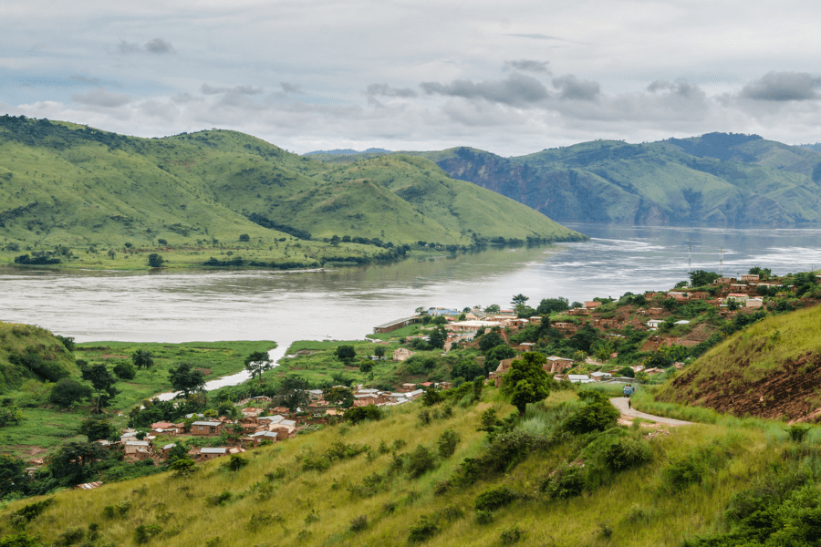 Small village in green hills at Congo River, Democratic Republic of Congo