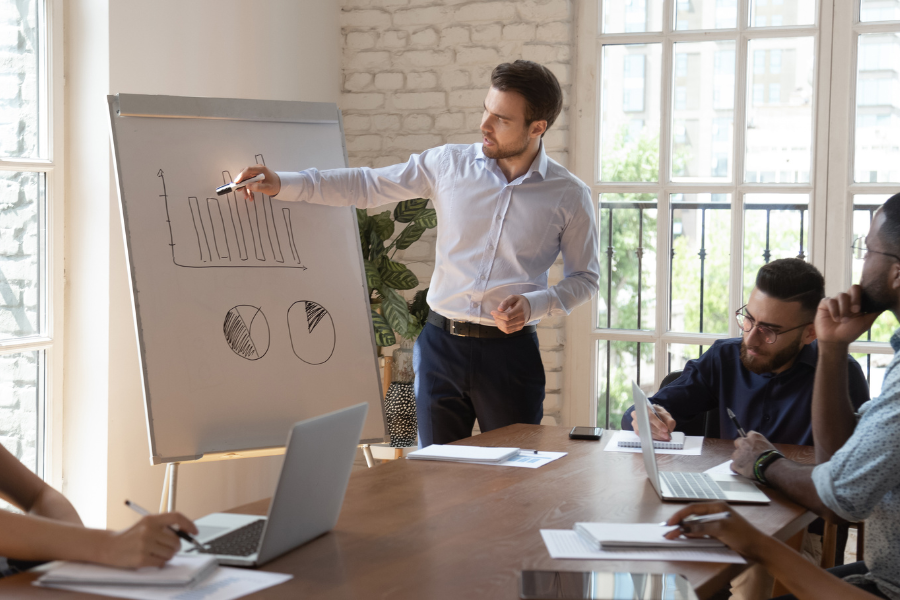 a startup founder discussing global expansion strategies using a white board