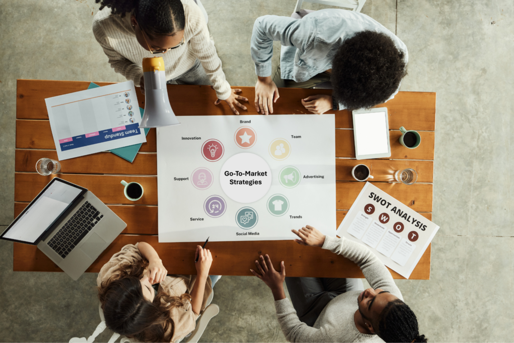 a team of four discussing go-to-market strategies at a table