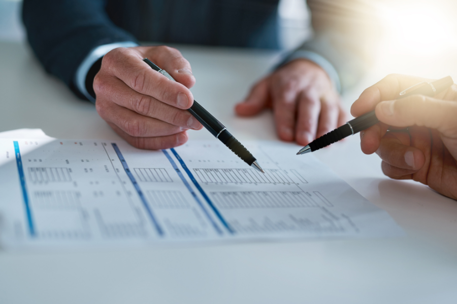 two colleagues looking at financial statements