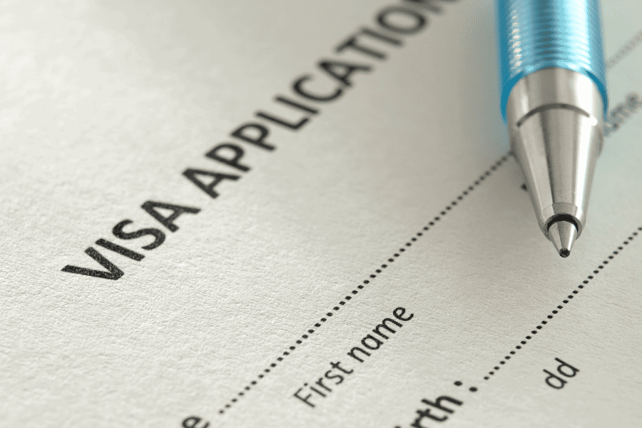 a visa application with a blue pen on top