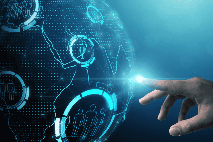 HR managers fingure pointing at a digital gloabe with employee icons