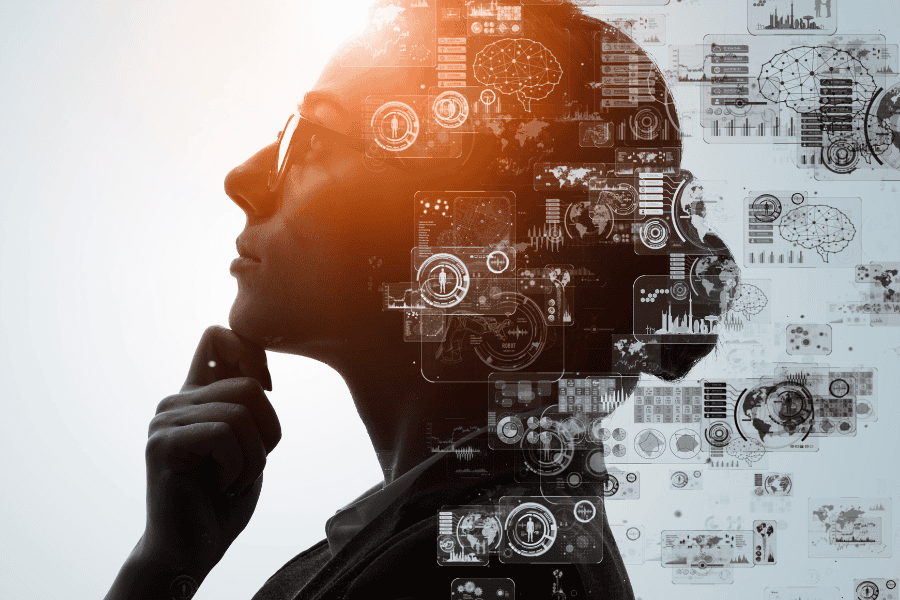 Artificial intelligence concept with a picture of woman in the background.