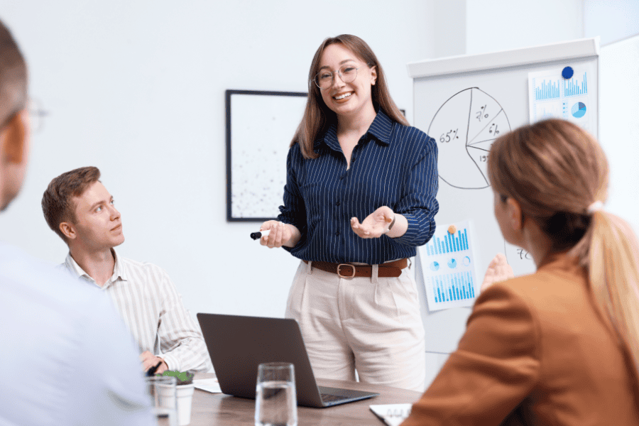 a female professional presenting the GmbH setup process to three colleagues