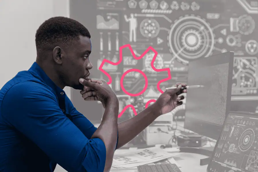 A professional man reviewing a technical diagram representing quantum technology.