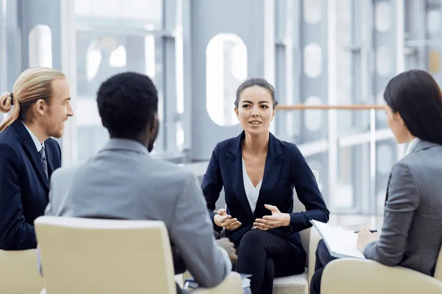 Business professionals discussing international expansion strategies.