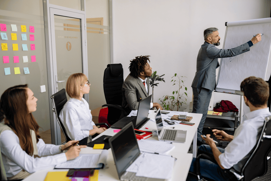 Business team in a meeting with a presenter at a whiteboard.