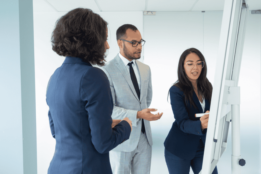 Business professionals collaborating on HR compliance at a whiteboard.