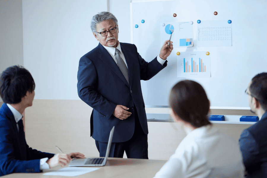 Business meeting with a presenter pointing to charts on a whiteboard.